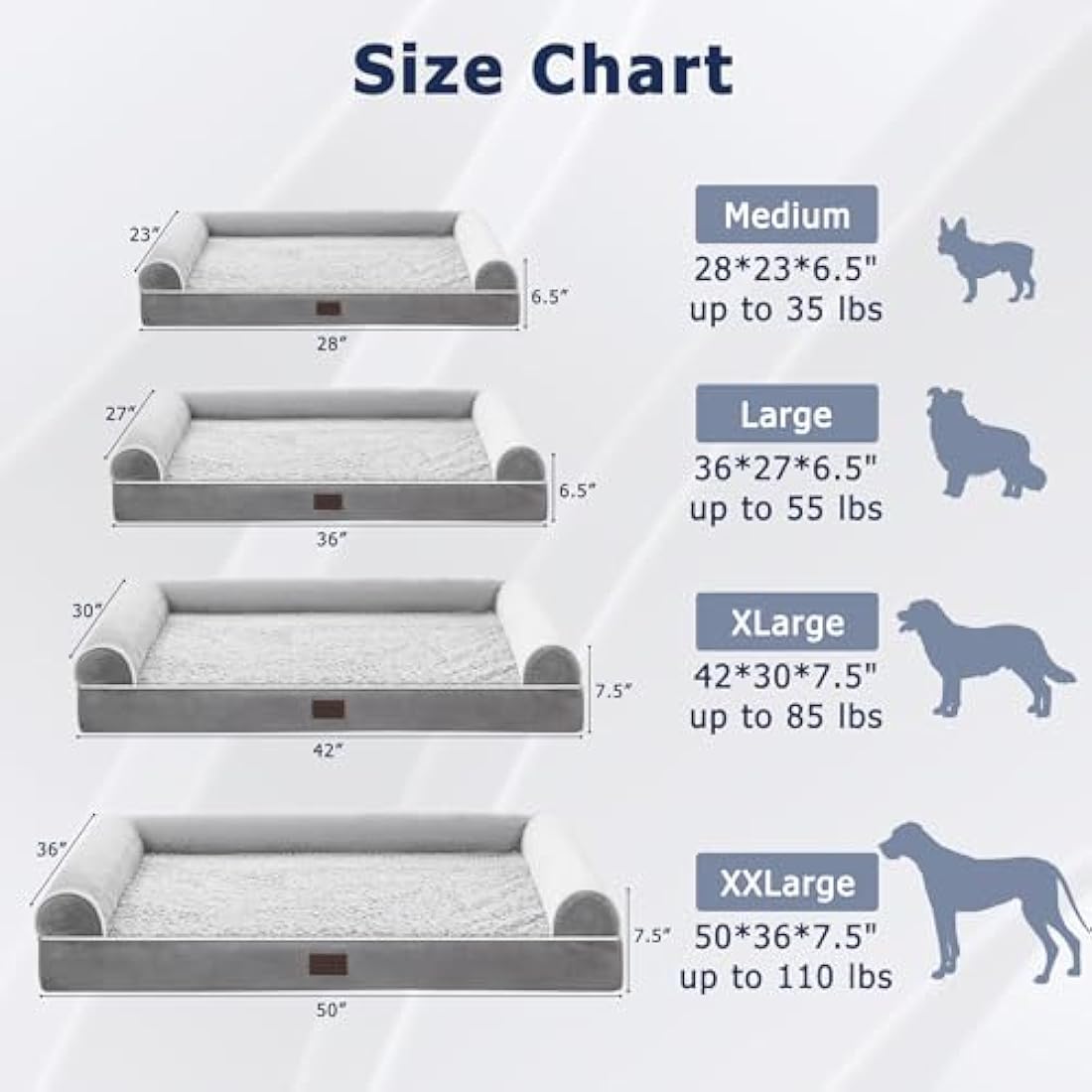 WESTERN HOME Dog Beds Large Washable, Soft Orthopedic Dog Beds with Removable Washable Cover, Extra Large Waterproof Pet Bed with U-Shape Bolster Grey, 127 x 91 x 19 cm