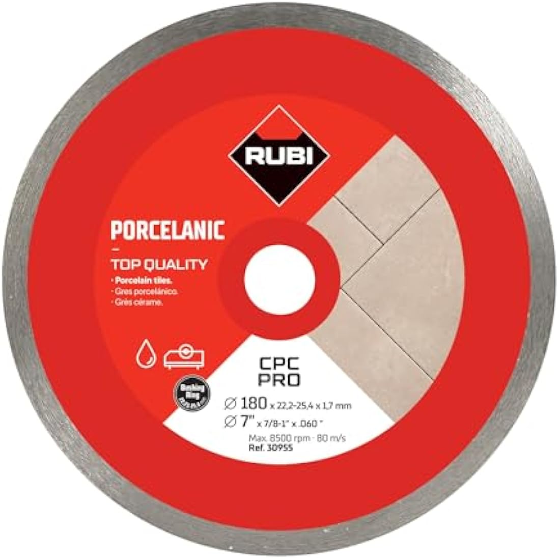 RUBI | Diamond Blade to Cut Fine Porcelain Tiles with Thicknesses of Less Than 25 mm | Recommended for Mitre Cutting | 180 mm | CPC 180 PRO, Grey