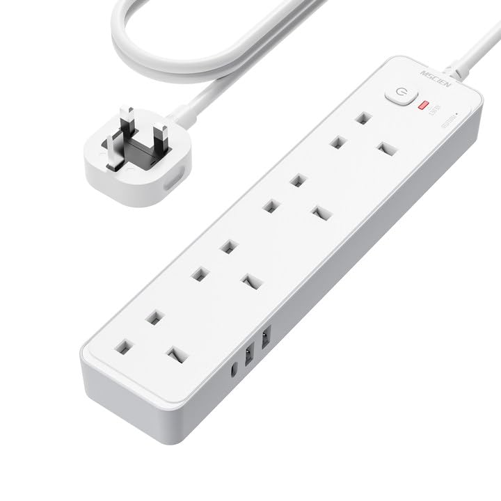 Mscien 1.8M Extension Lead with USB Slots, 4 Way Surge Protected Heavy Duty, UK Power Strips Wall Mount with 2M Extension Cable Cord, 4 Plug Extension