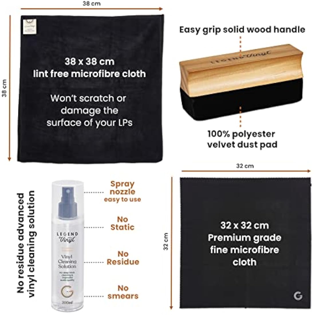Legend Vinyl Complete Care Vinyl Cleaning Kit - 200ml Cleaning Solution, 2 Large Microfiber Cloths, Wooden Handle Dust Brush, Carbon Fibre Stylus Brush & Fluid for Record Cleaning