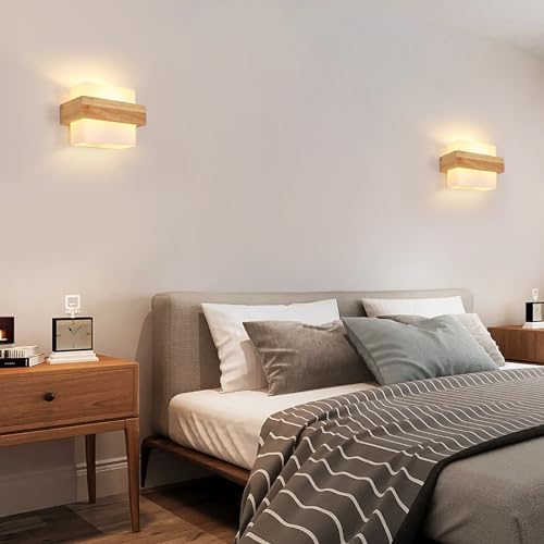 DELIPOP Wooden Wall Lights Indoor, E27 Modern Minimalist Design Wall Lamp, Wood Wall Lighting Fixtures 3 Lighting Colours 3000K/4500K/6500K for Living Room Bedroom Corridor Stairs