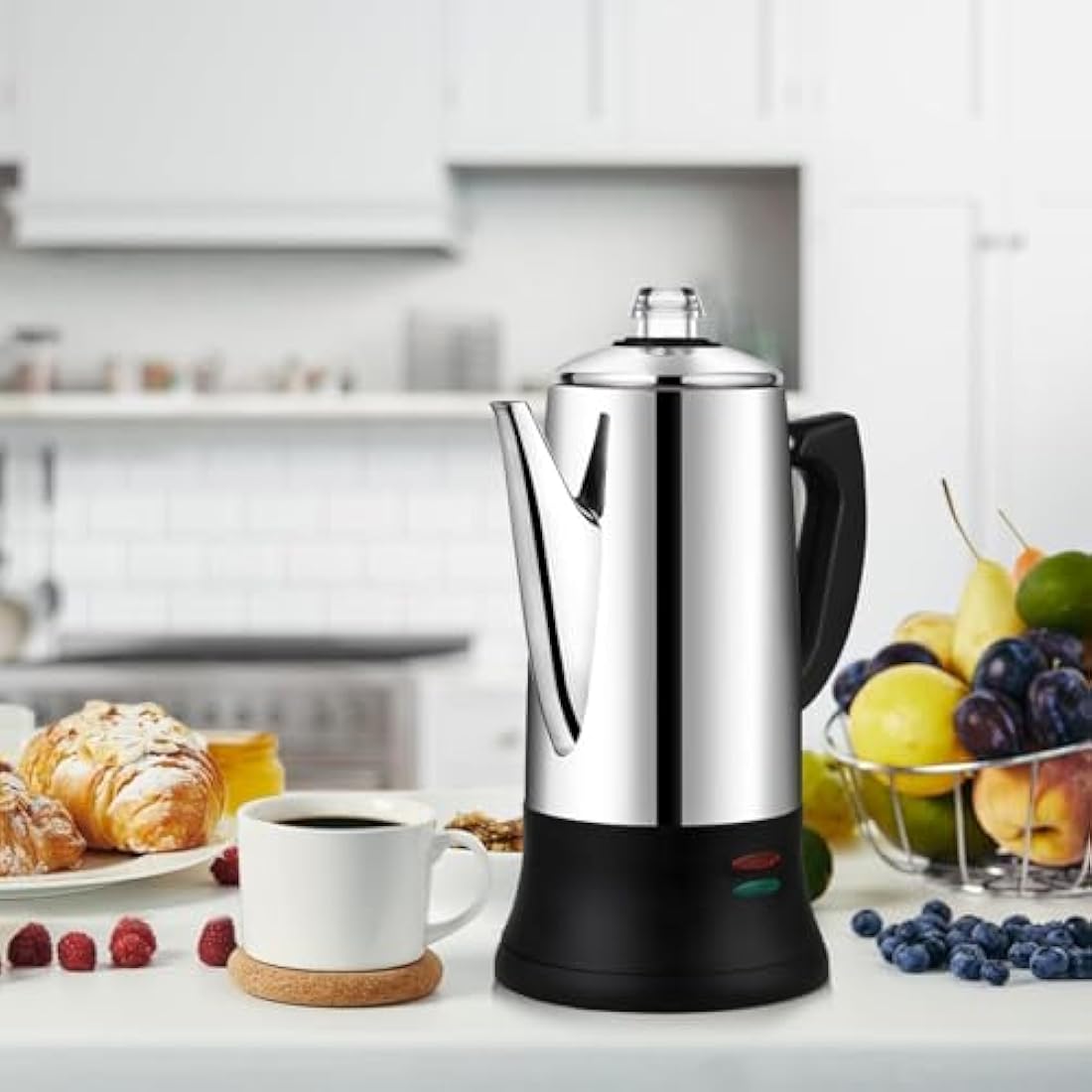 KFO 12-Cup (1.2L) Electric Coffee Percolator - CE Certified Percolator Coffee Maker with 360° Rotating Base & Anti-Slip Design | Heat-Resistant Glass Lid & Cordless Server for Home/Office Use