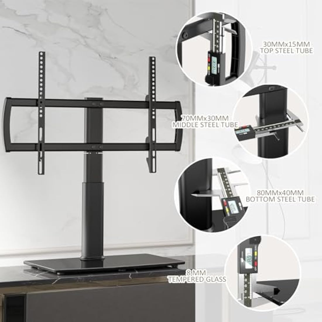 Universal Swivel TV Stand/Base Table Top TV Stand 32 to 70 inch TVs 80 Degree Swivel, 4 Level Height Adjustable, Heavy Duty Tempered Glass Base, Holds up to 40kgs Screens, HT04B-002P