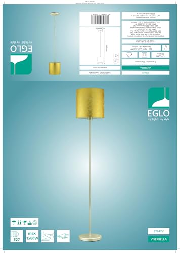 Eglo Viserbella Vintage Floor Lamp, Steel and Fabric in Champagne and Gold Coloured Standing Light, Living Room Lighting, E27 Socket, incl. Foot