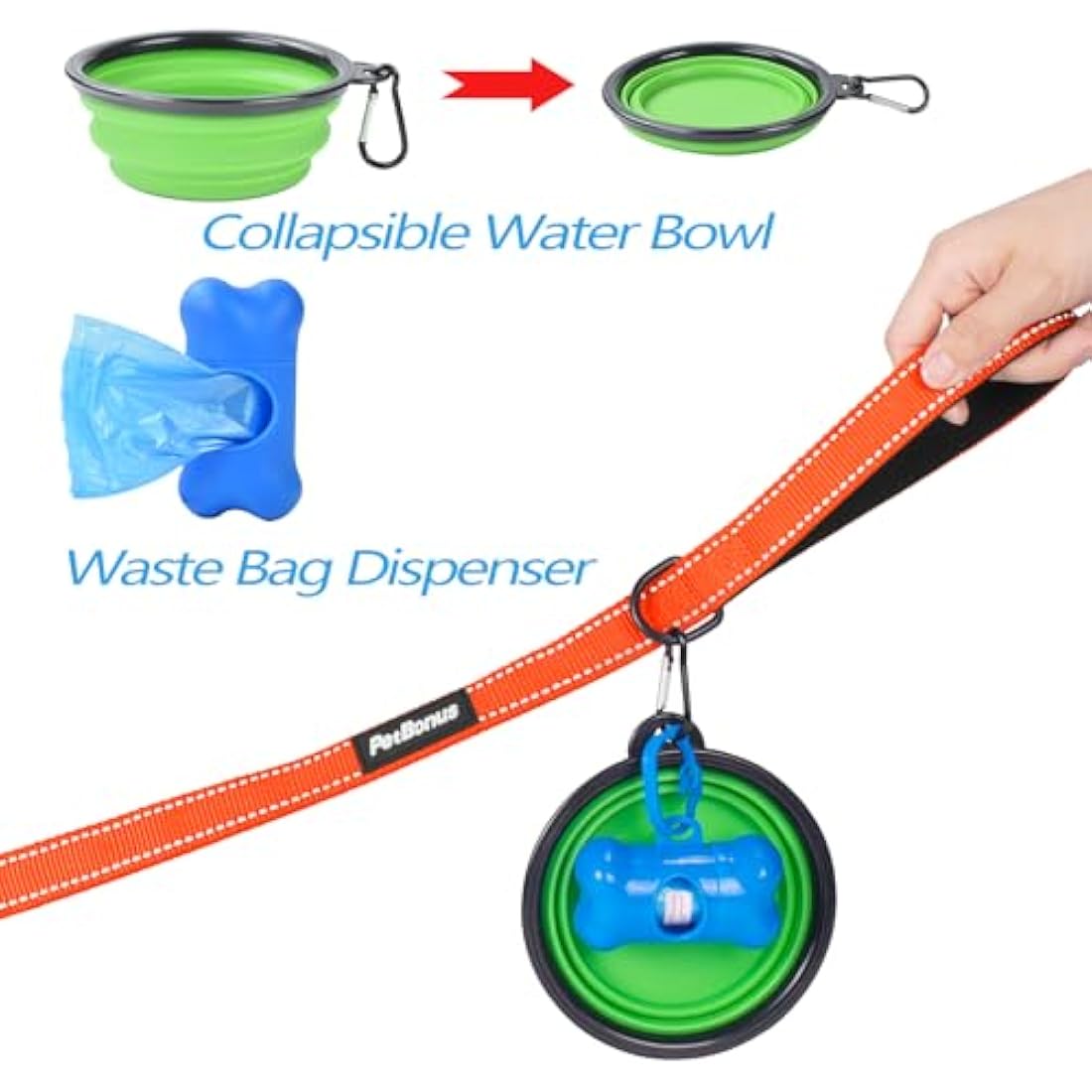 PetBonus Double Dog Leash, No Tangle Dual Leash, Reflective Walking Training Lead, 4 Comfortable Padded Handles for 2 Dogs with Collapsible Bowl and Waste Bags (Orange, Large)