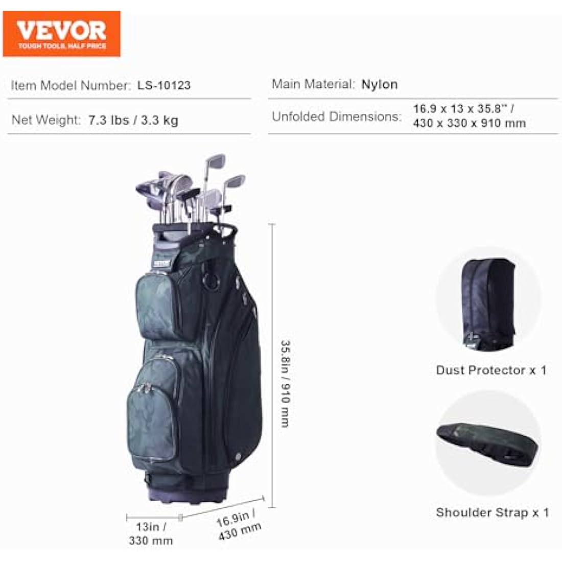 VEVOR Golf Cart Bag with 14 Way Organizer Divider Top, 36” 11 Pockets Premium Nylon Cart Bag, Durable Golf Bags with Handles & Dust Cover & Detachable Straps for Men & Women, Army Green
