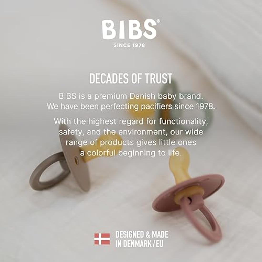 BIBS Colour Soother 2-Pack, BPA Free Dummy Pacifier, Round Nipple. Natural Rubber Latex, Made in Denmark. 6-18 Months (Pack of 2), Vanilla/Cornflower