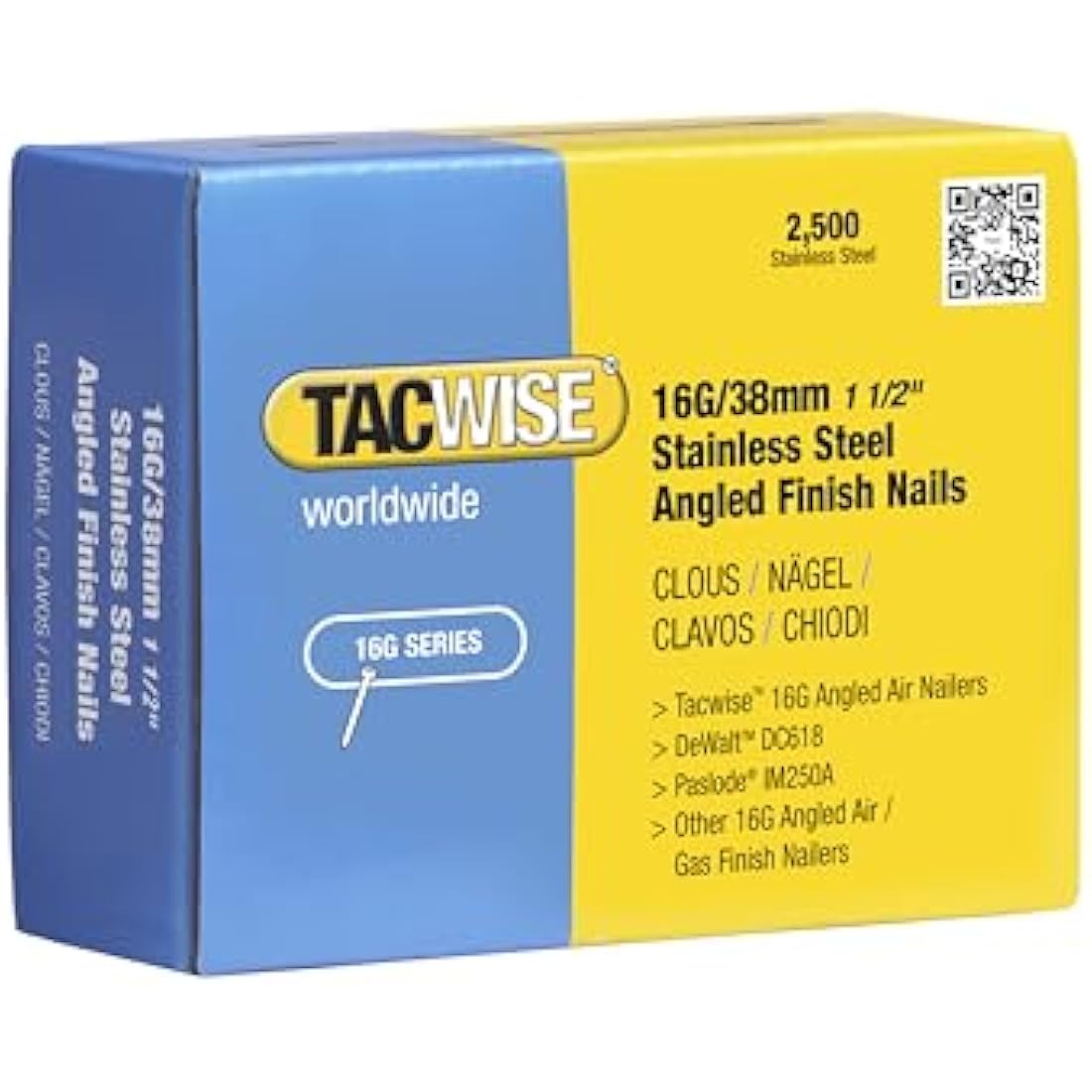 Tacwise 1223 16G/38mm Stainless Steel Angled Finish Nails for Nail Gun (2500), silver