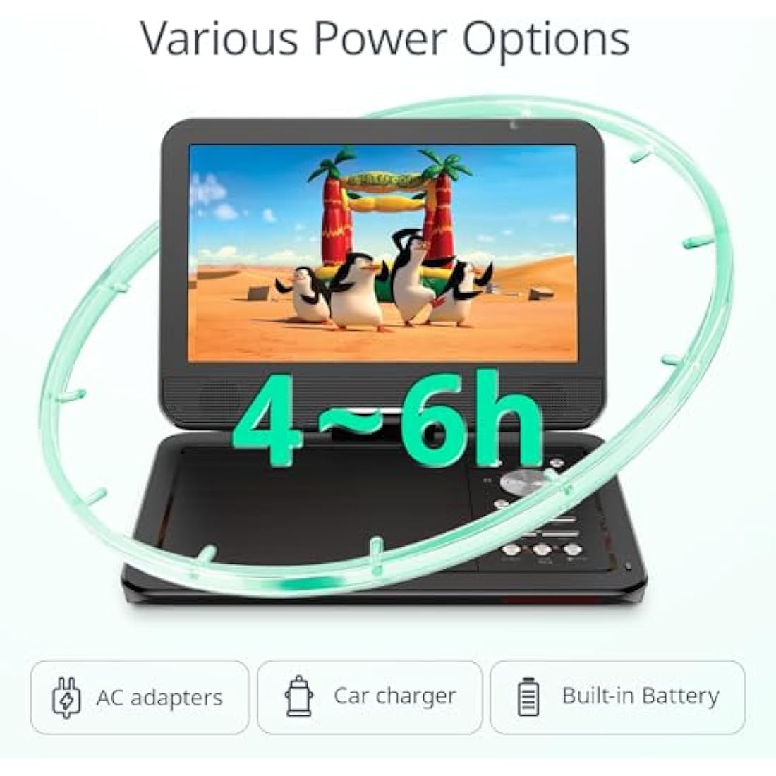 YOTON 12.5" Portable DVD Player with 10.5" HD Swivel Screen for Car and Kids, Built-in Battery, Earphone/AV-IN/AV-OUT/USB/SD Card/TV Sync and VCD/MPG/JEPG Formats(Not Support Blu-ray)