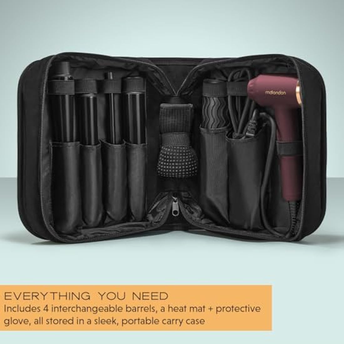 mdlondon CURL Hair Curling Wand (Berry). 4-in-1 Hair Curler with 10mm, 25mm, 32mm & Reverse Conical Barrels. Hair Waver with 14 Heat Settings, Carry Case & Mat - Genuine mdlondon Curling Iron