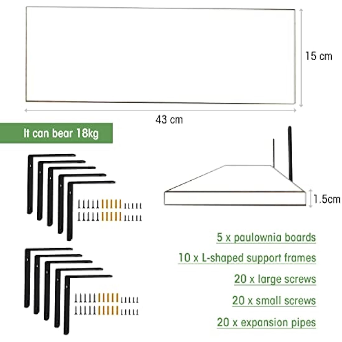 Mardili Shelves Wood Wall Mounted Shelf, Rustic Shelves Set of 5(White), 42x15x1.5cm