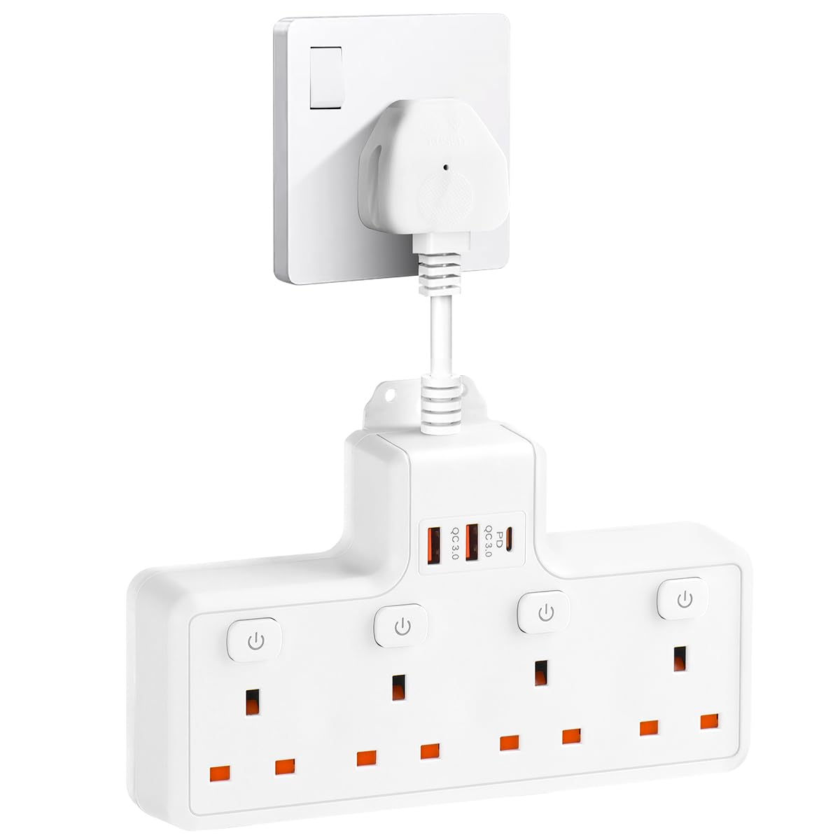 Multi Plug Extension Socket with 20W PD USB C,SHUOMAO 4 Way Plug Adapter UK Socket Extender with 3 USB,Short Extension Lead Wall Adapter with Switches