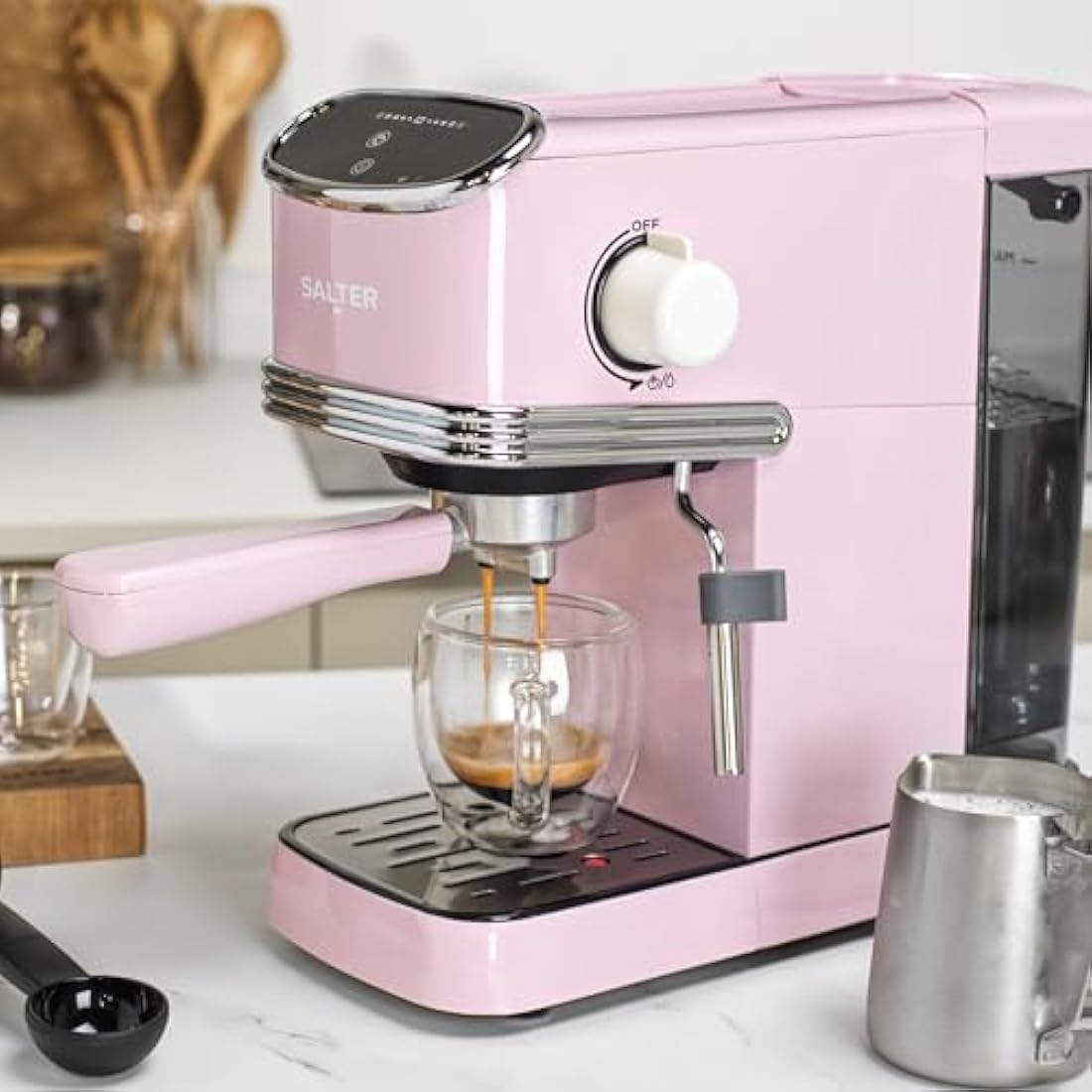 Salter Retro Espresso Machine – Pink Coffee Machine with Milk Frothing Wand, Cappuccino/Latte, 20-Bar Pressure Pump, 1.35L Water Tank, Ground Coffee, Single/Double Shot, Digital LED Display, 1350W