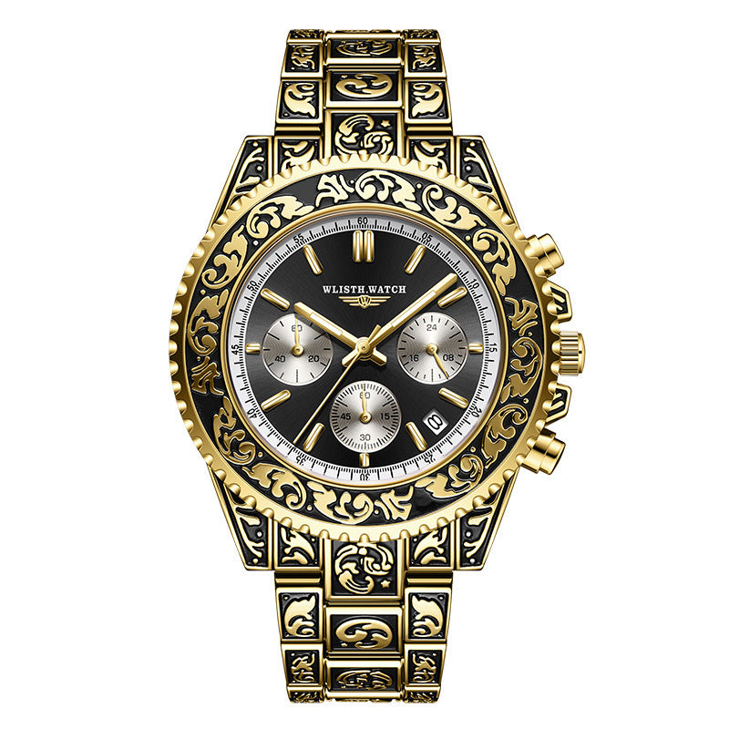 Vintage Engraving Quartz Multi-function Men's Watch