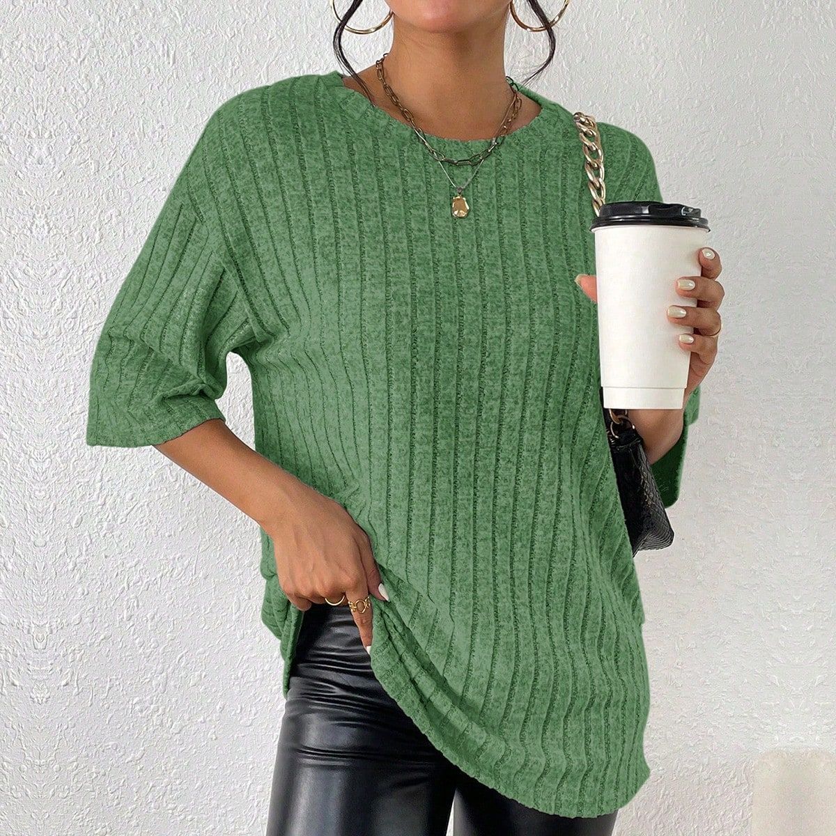 Women's Solid-Color Ribbed Brushed Knit Loose Short-Sleeve Top
