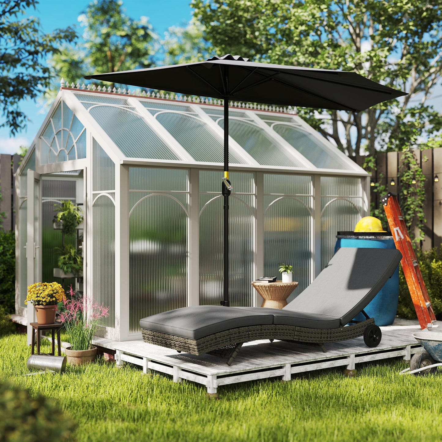 Outsunny Outdoor Rattan Sun Lounger with Reclining Back, Wheels, Dark Grey