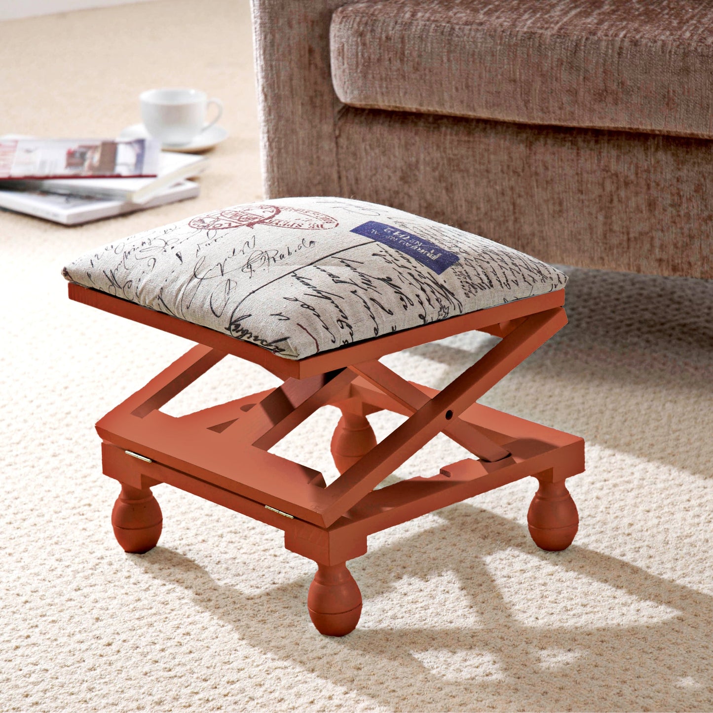 Adjustable 3-Position Wooden Footstool – Padded Fabric Top in White or Mahogany Finish