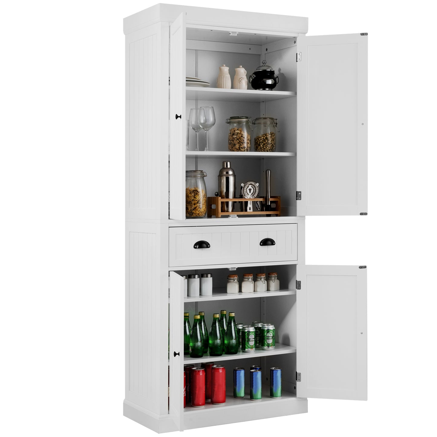 4-Door Tall Kitchen Cupboard Adjustable Shelves and Drawer-Black