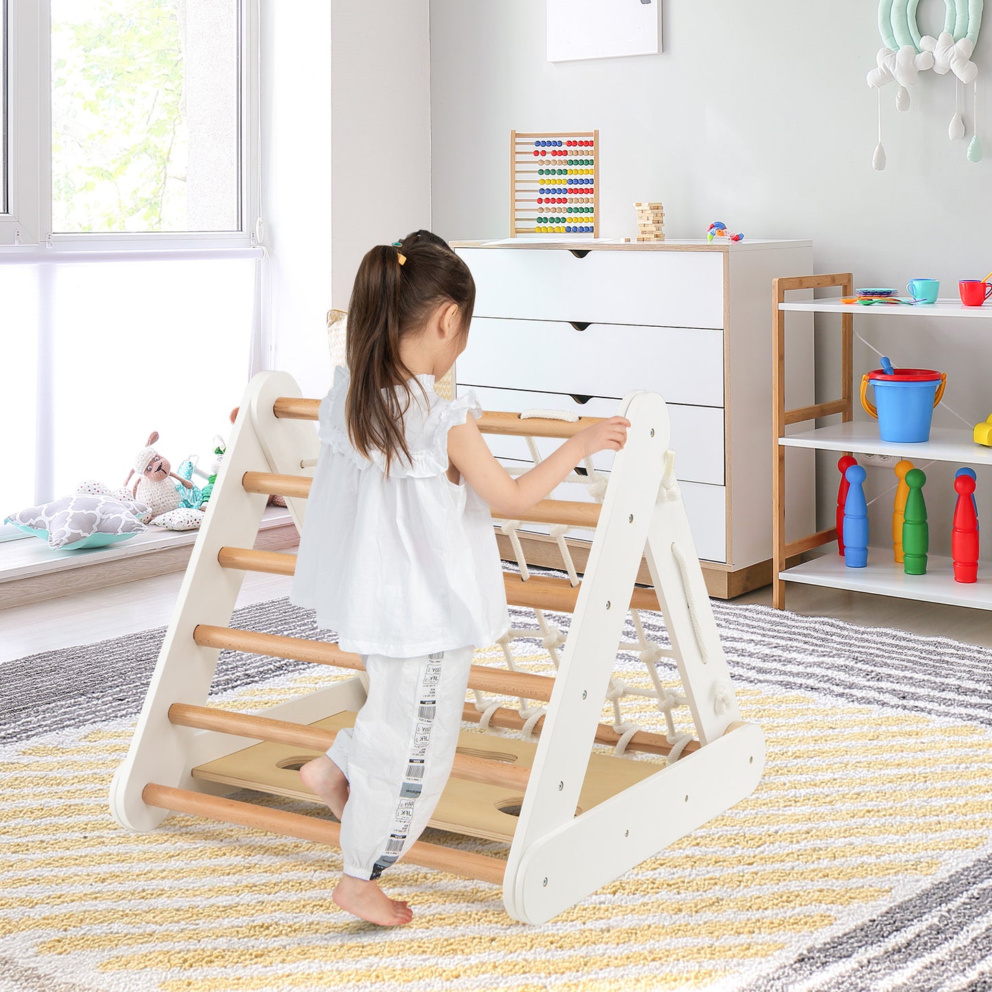 4 in 1 Toddler Wooden Triangle Climber with Ramp and Sliding Board-Grey