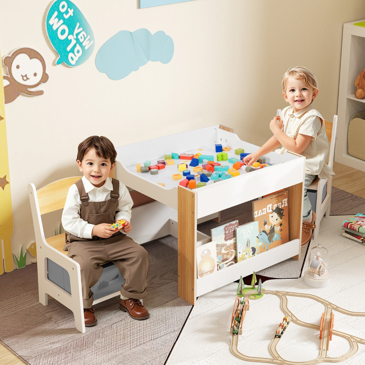 4 in 1 Kids Table and Chairs Set with Reversible Tabletop and Bookshelves-Grey