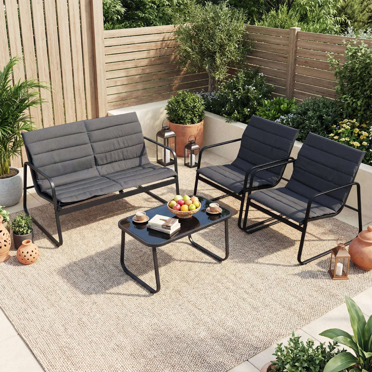 4 Pieces Patio Conversation Set with Cushions and Tempered Glass Coffee Table-Grey