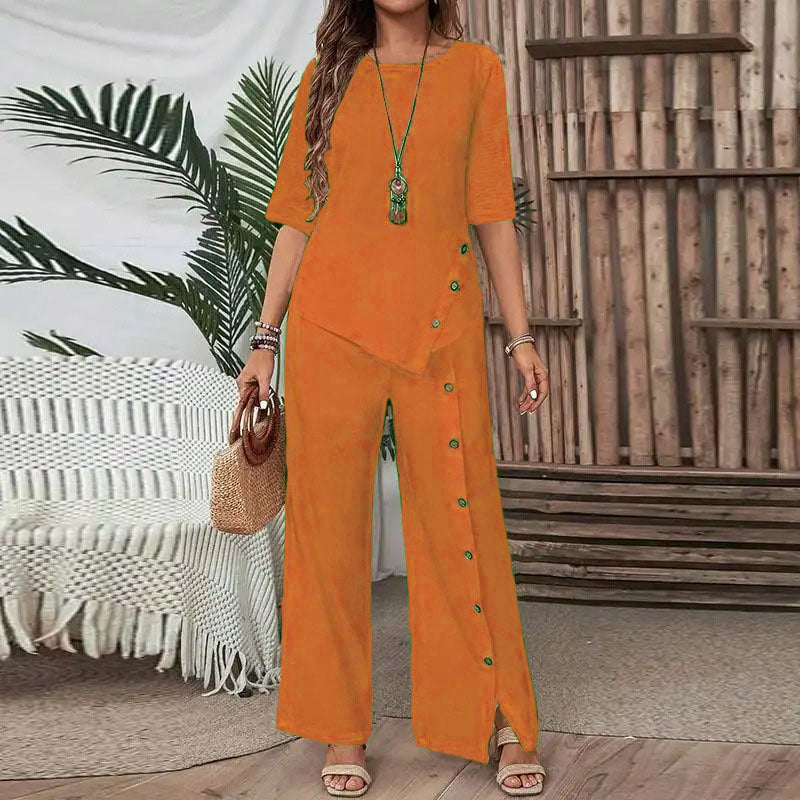 Elegant And Fashionable Casual Button Half-sleeve Shirt Loose Two-piece Set