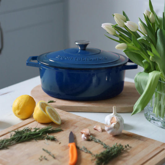 4.68L Dark Blue Oval Cast Iron Casserole Dish