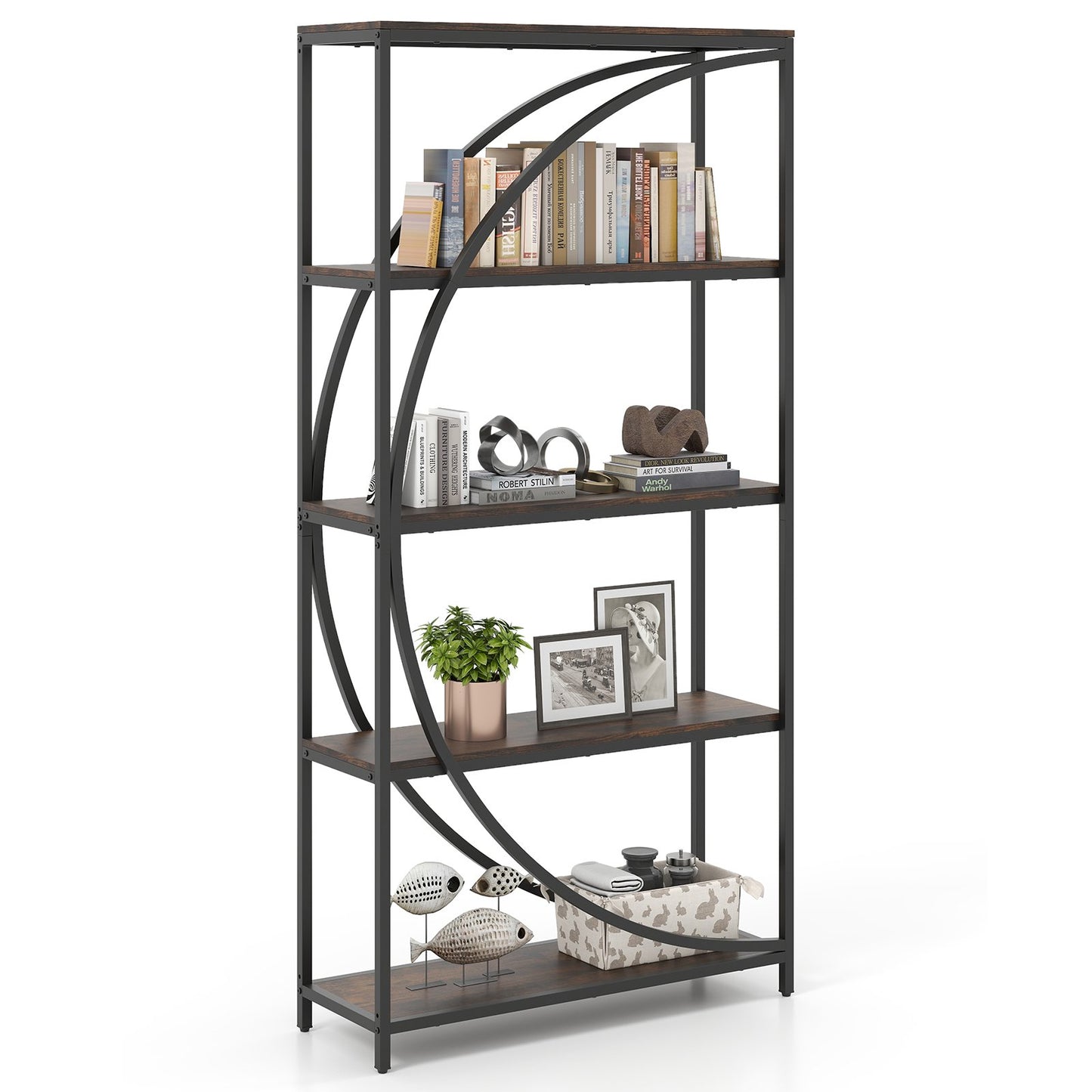 5-Tier Industrial Etagere Bookshelf with Open Storage Shelves and Arc-Shaped Design-Natural