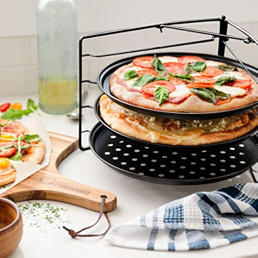 Chef Pomodoro Pizza Baking Set with 3 Pizza Pans and Pizza Rack, (28cm Pans), Non-Stick Perforated Pizza Trays for Oven, Pan with Holes, Pizza Pan for Oven, Barbeque, Bakeware Supplies