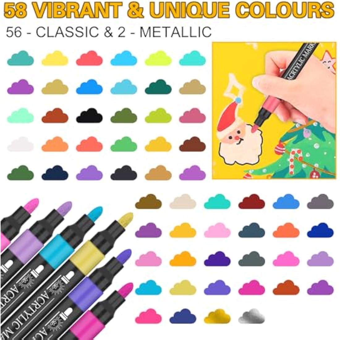 NICETY 58 Colours Acrylic Paint Pens - 3mm Medium Tip Paint Markers Rock Painting Pens for Stone Glass Wood Porcelain Ceramic Fabric - Water Based Acrylic Pens for Adults