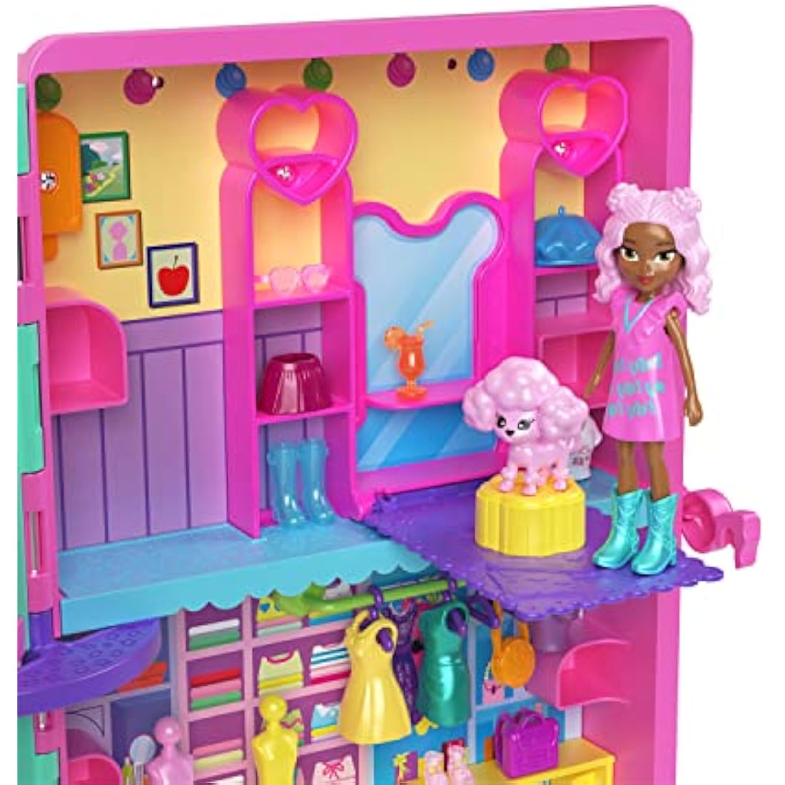 Polly Pocket Playset & 2 Dolls (3-inch), Candy Style Fashion Drop Vending Machine, 2-Stories, 35+ Pieces of Furniture, Clothes & Accessories, HKW12