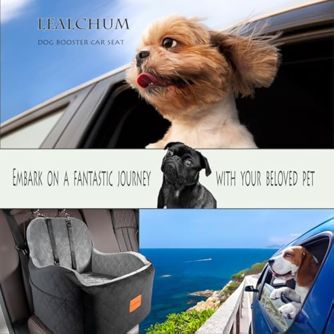 Lealchum Dog Booster Car Seat for Small/Medium Dogs,Puppy Portable Seat for Car with Elevated Cushion,Fully Detachable and Washable Pet Seat with Storage Pockets,Easy to Install (Black/Grey, Medium)