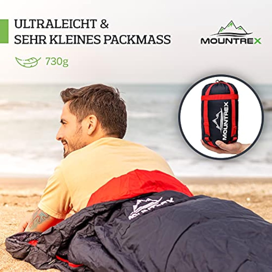 MOUNTREX® Sleeping Bag – Small Pack Size & Ultralight (730 g) Summer Blanket Sleeping Bag – Camping, Travel, Festival – Couplable