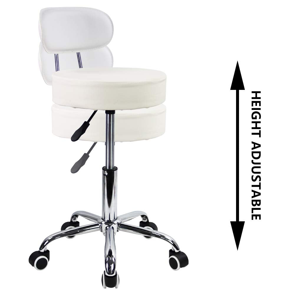 KKTONER PU Leather Rolling Stool with Mid Back Height Adjustable Office Computer Home Drafting Swivel Task Chair with Wheels (White)