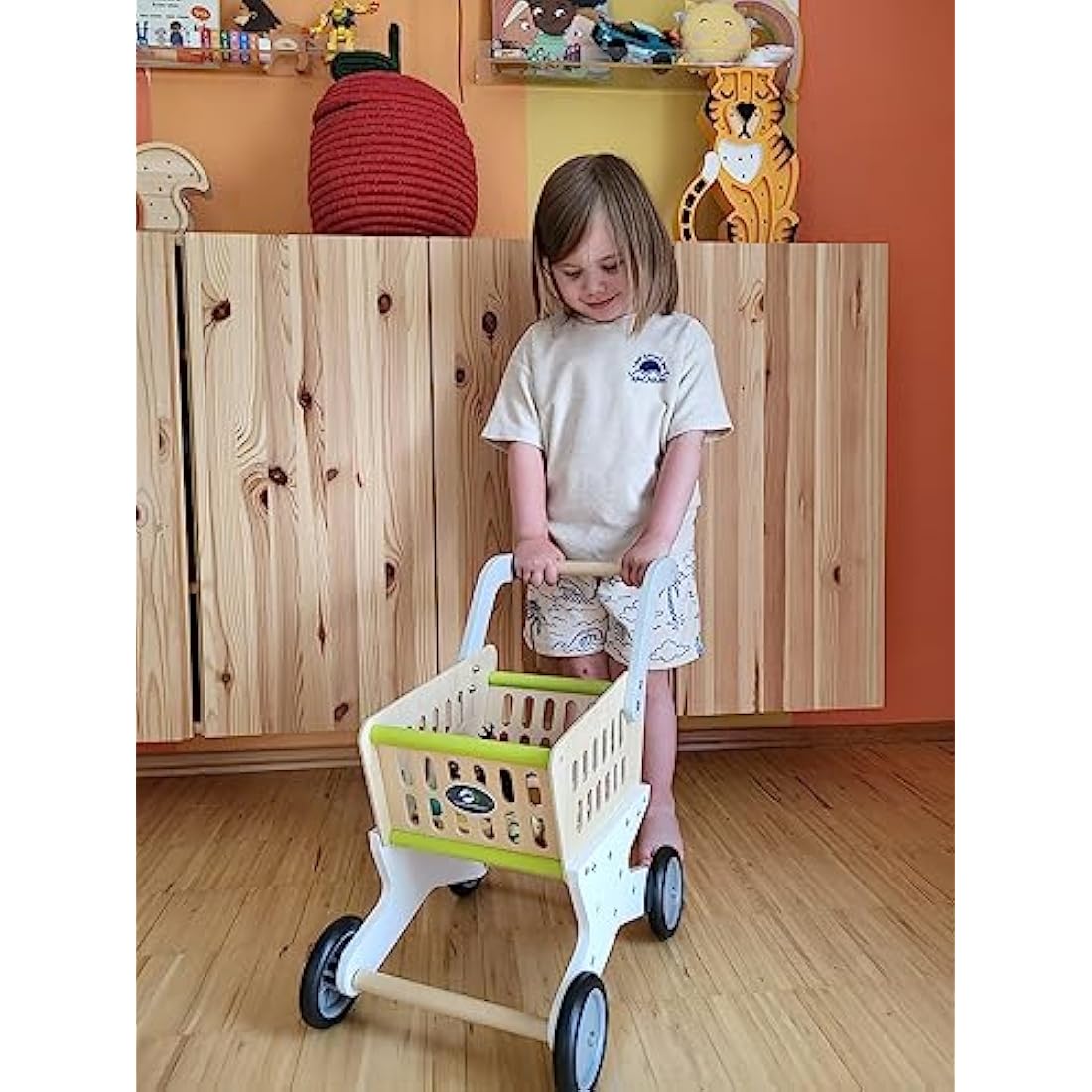 small foot 11161 Wooden shopping trolley, accessory for shop and role play, from 3 years old