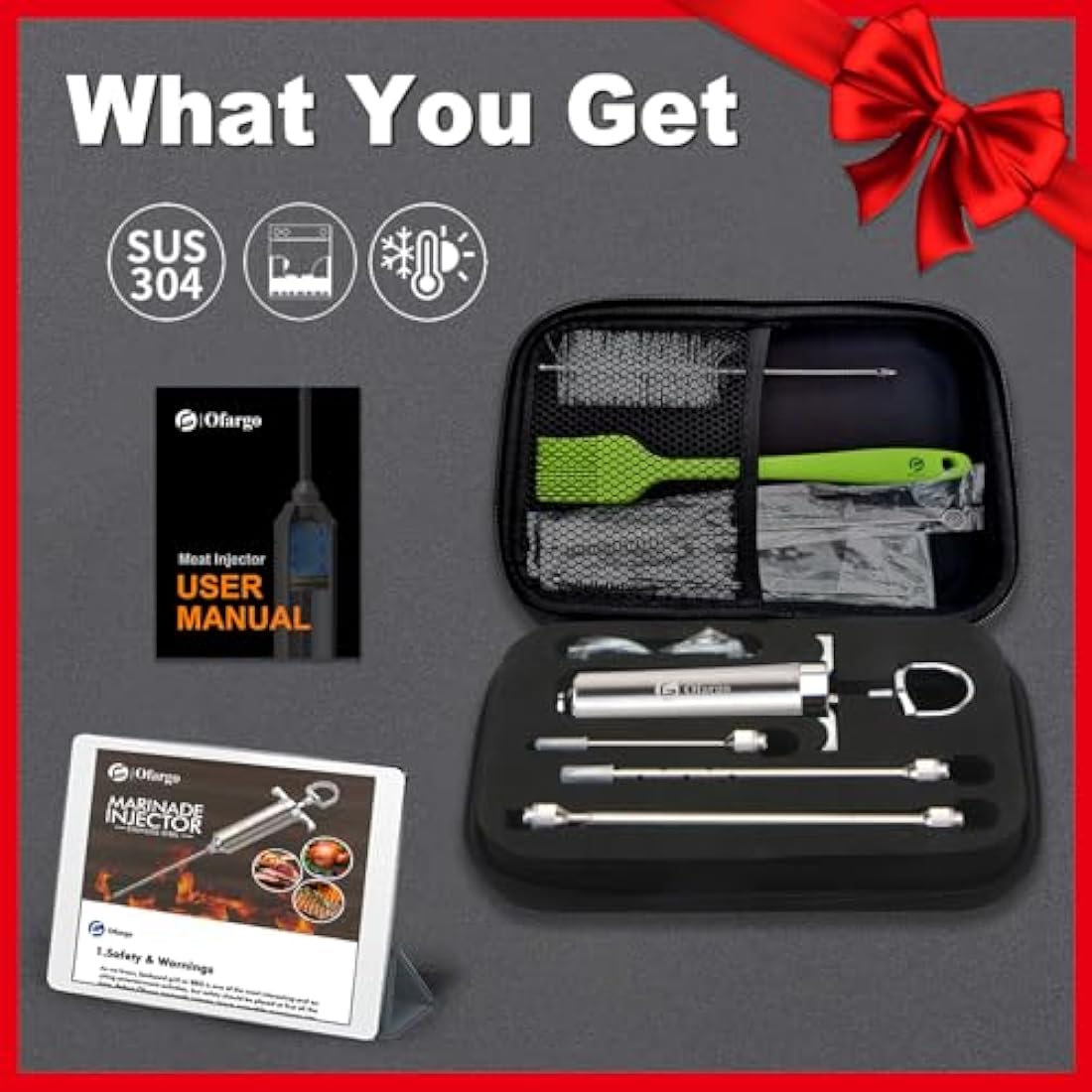 Ofargo 304-Stainless Steel Meat Injector Syringe with 4 Marinade Needles and Travel Case for BBQ Grill Smoker, 2-oz Large Capacity, Both Paper User Manual and E-Book Recipe