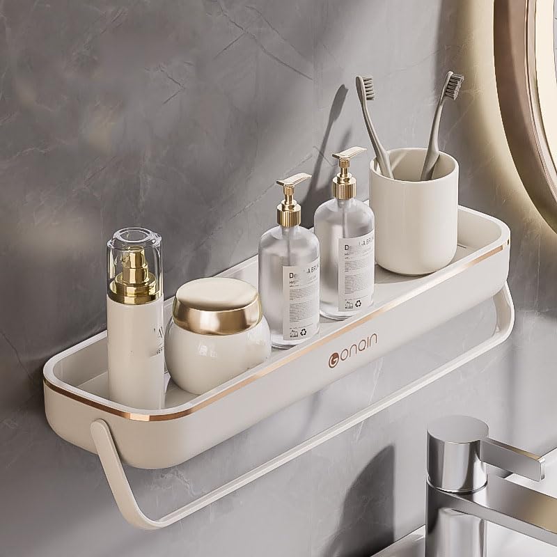 Shower Caddy No Drill with Towel Holder - Self Adhesive Bathroom Shelf, ABS Wall Mounted Shower Organiser - Heavy Duty Waterproof Storage Rack for