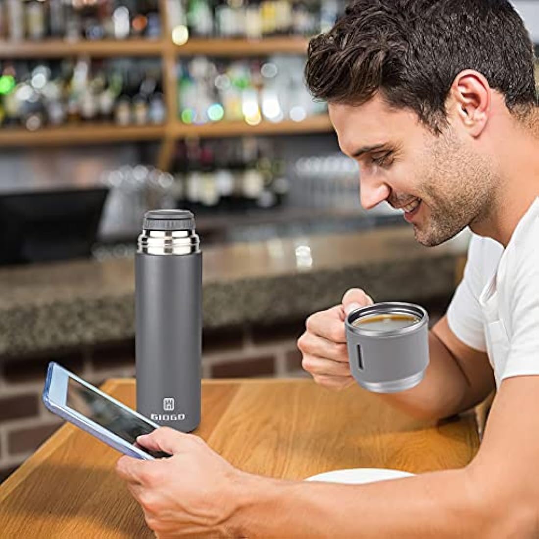 Vacuum Insulated Flask 500ml/16.9oz Stainless Steel Thermo Bottle with Cup for Coffee Water Hot and Cold Drink Flasks.(Gray,Single)