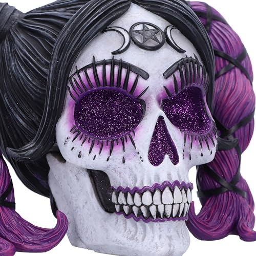 Nemesis Now Drop Dead Gorgeous Myths and Magic Figurine 20.5cm, Resin, Voodoo Doll Skull Ornament, Female Skull with Purple Hair and Glitter Eyes,