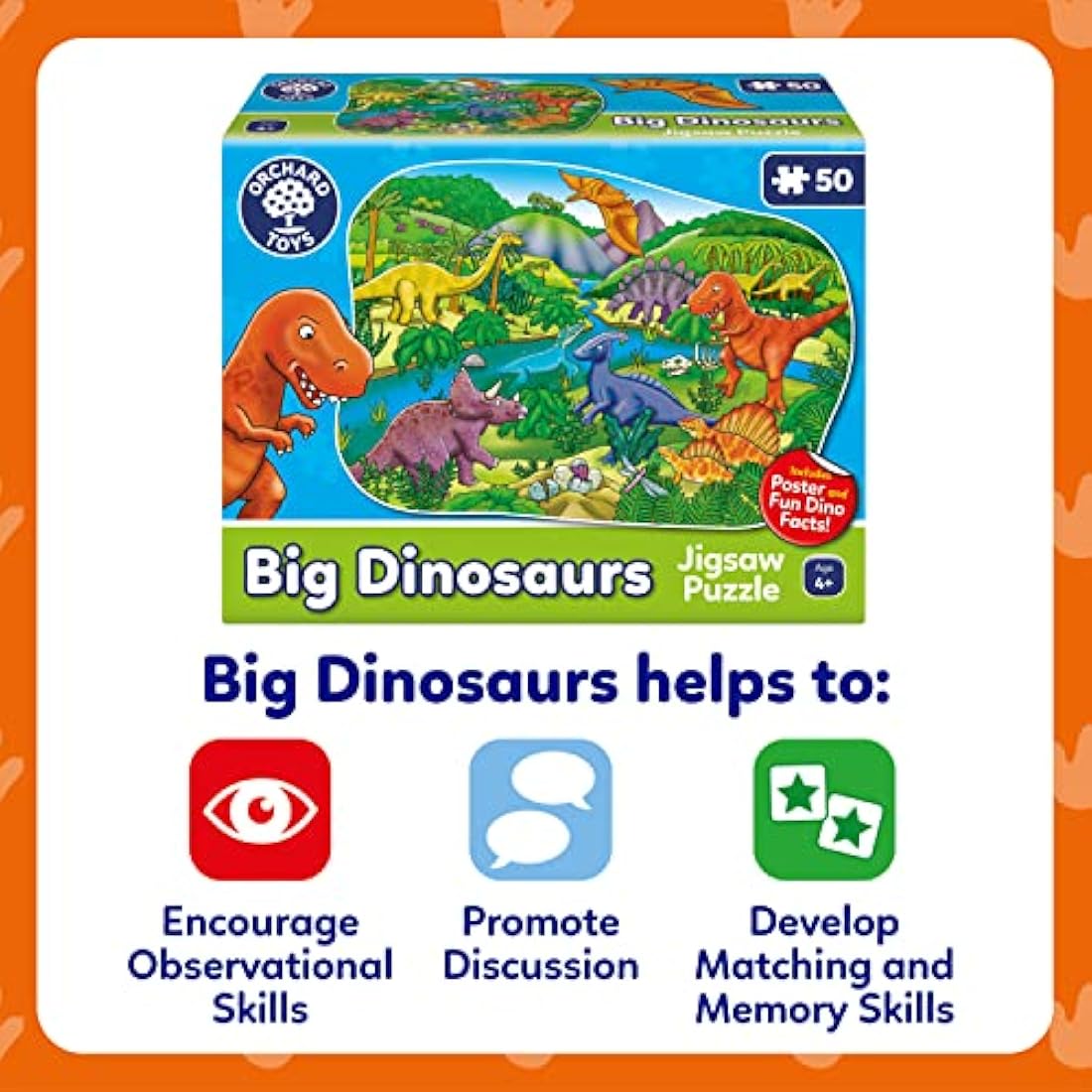 Orchard Toys Big Dinosaurs Jigsaw Puzzle for Kids - Large, 50-Piece, Dinosaur Floor Puzzles for 4+ Year Olds - Giant Games and Educational Toys for Children, Toddlers, Boys and Girls - 58 x 40 cm
