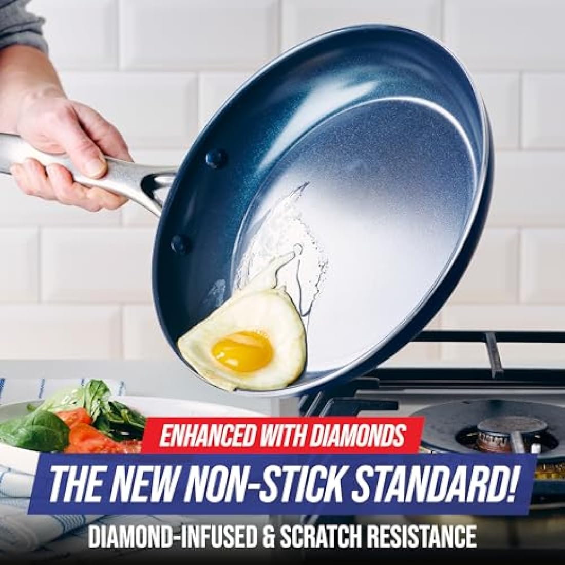 Blue Diamond Cookware Diamond Infused Ceramic Nonstick 14 Piece Cookware Pots and Pans Set, Includes Frying Pans, Sauté, Saucepans, Strainer, Stockpot, Utensils, PFAS-Free, Oven Safe, Blue