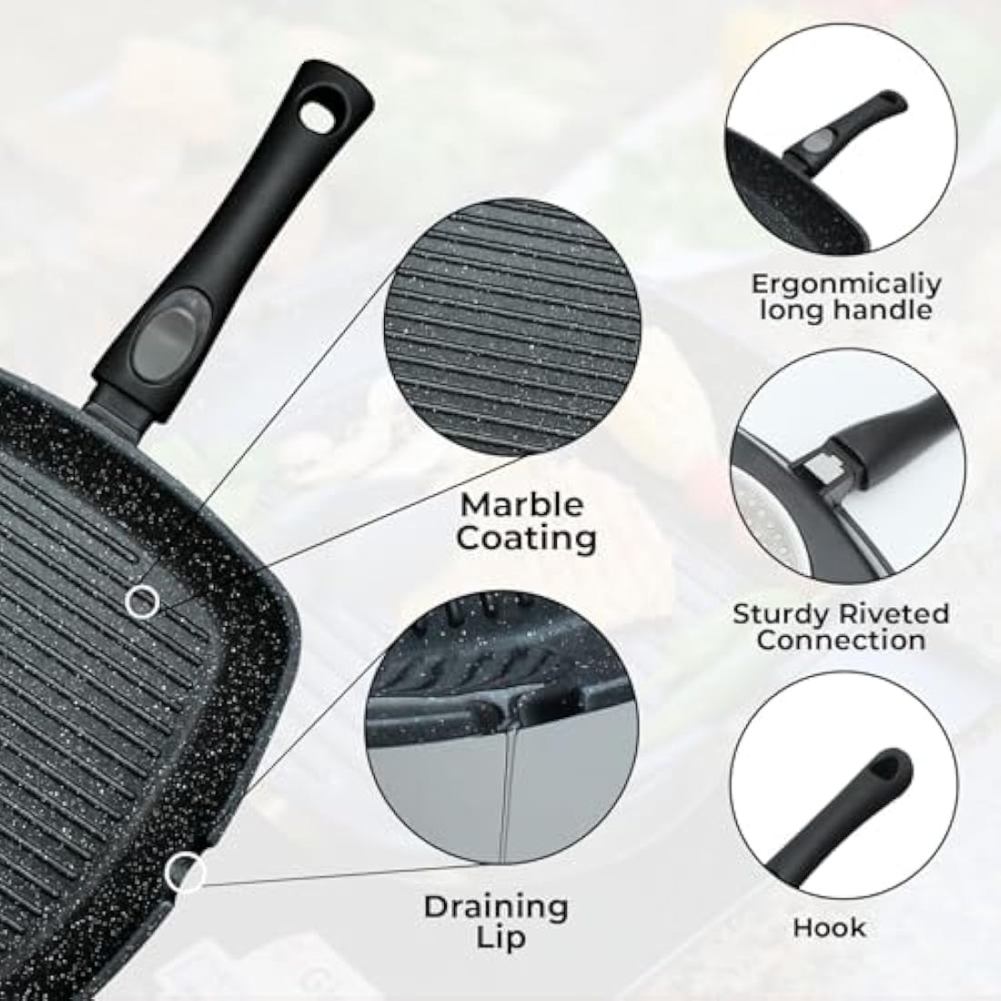 Chef Wonderful Non-Stick (28cm) Griddle Pan for Induction Hob, Marble Coating & Detachable Handle. Aluminium Steak Pan for All Induction Hobs with Glove & Cloth. Suitable for Gas & Oven Grilling