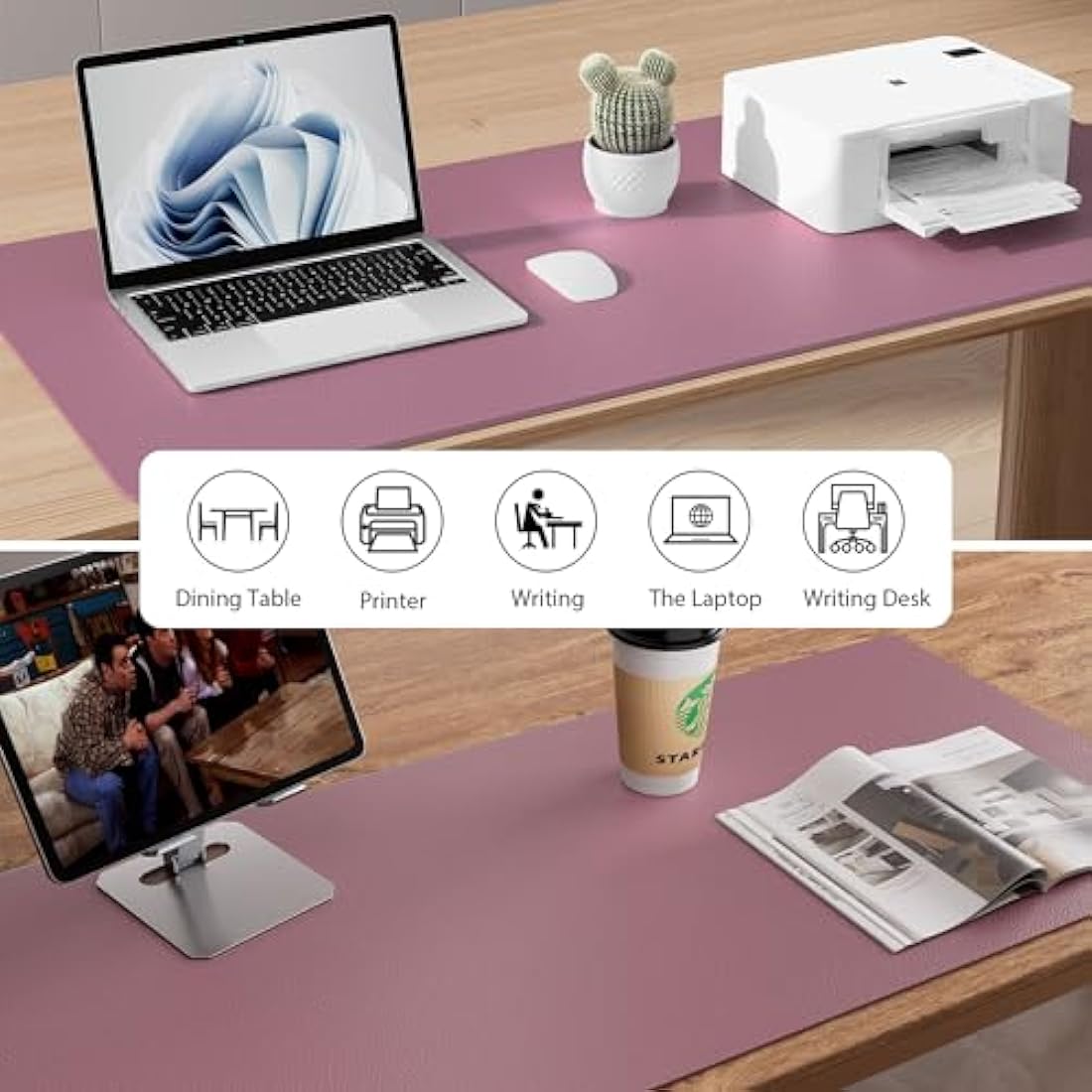 Aothia Leather Desk Protector, Office Mat, Non-Slip PU Leather Blotter, Waterproof Writing Pad for Office and Home (80cm x 40cm, Dark Pink)