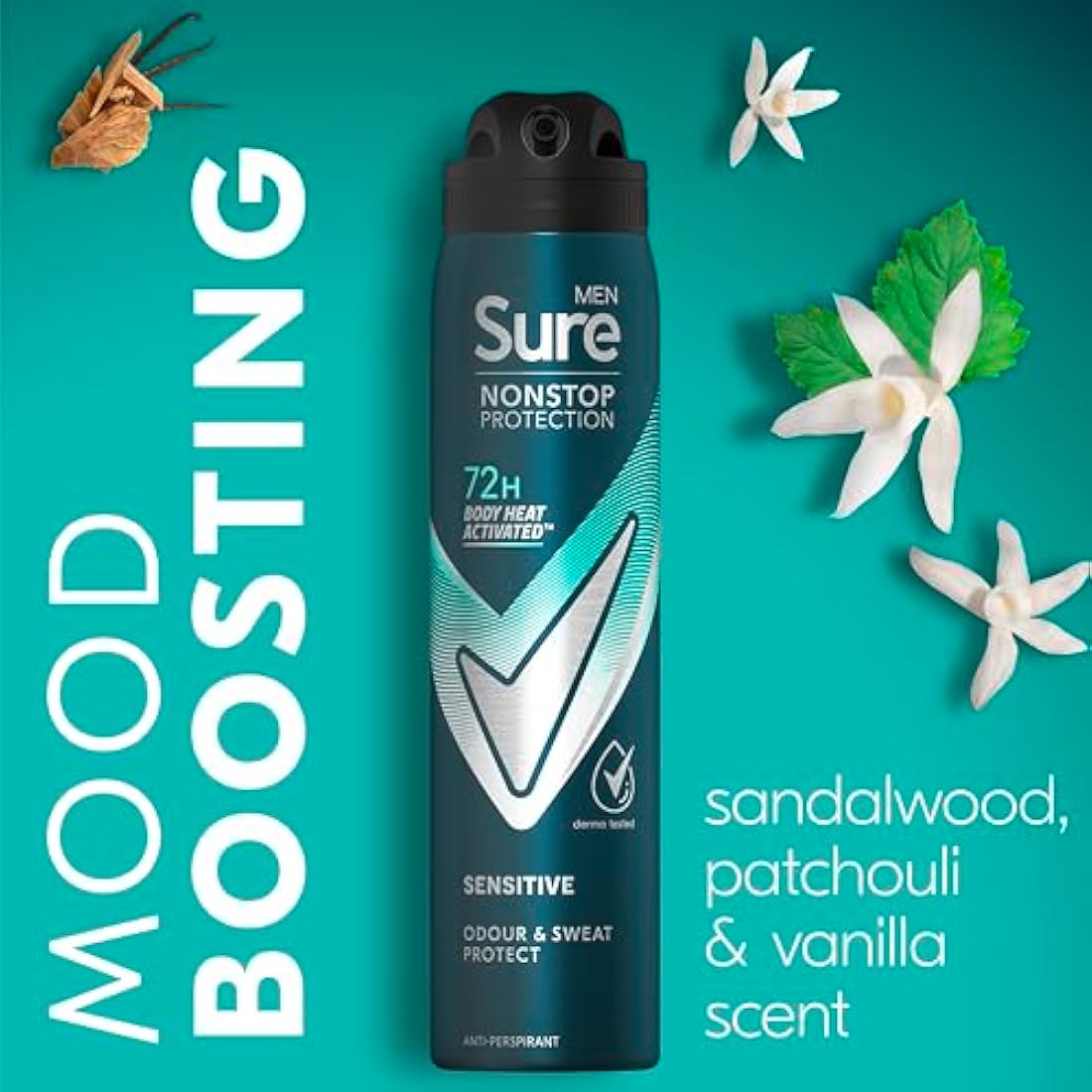 Sure Men Nonstop Protection Sensitive Anti-Perspirant Aerosol Men's Deodorant Spray with Body Heat Activated technology and a clean fragrance for 72 hour odour and sweat protection 6x 250 ml
