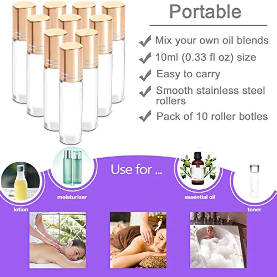 Yalbdopo 10pcs, 10ml Essential Oil Roller Bottles - Refillable Transparent Glass Roll-on Bottles with Stainless Steel Roller Balls & Gold Cap, Includes 12 Labels, Dropper & Opener