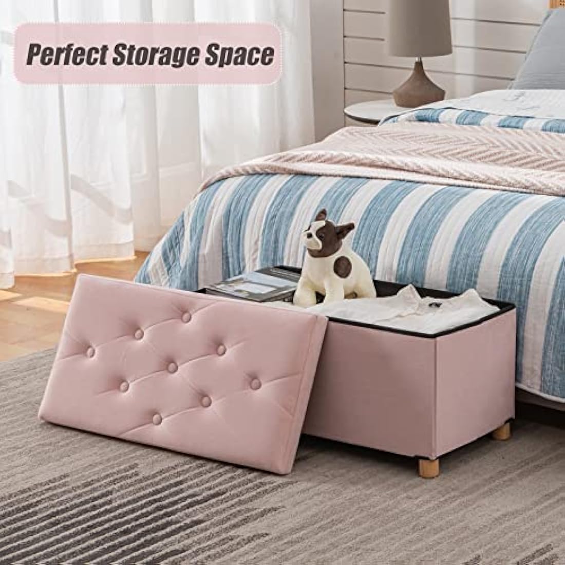 BRIAN & DANY Ottoman Storage Box with 4 Wood Legs, Velvet Storage Ottoman for Living Room, Pink, 76 x 38 x 38 cm