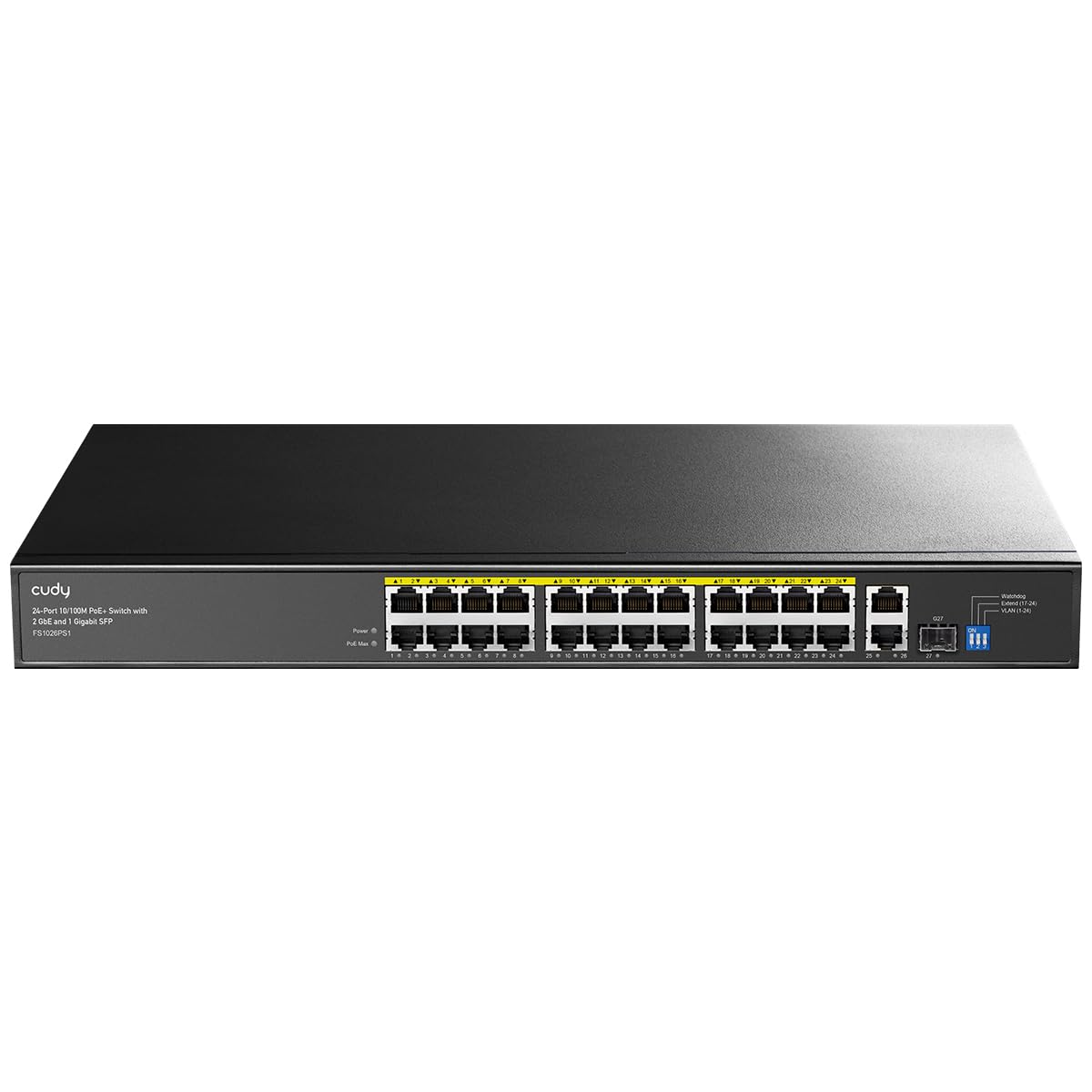 Cudy 100Mbps Ethernet Unmanaged PoE+ Switch, 300W, 24 FbE Ports, 802.3af/at Mode A PoE+, 1 SFP, 2 GbE Uplink, 19-inch Rackmount, FS1026PS1