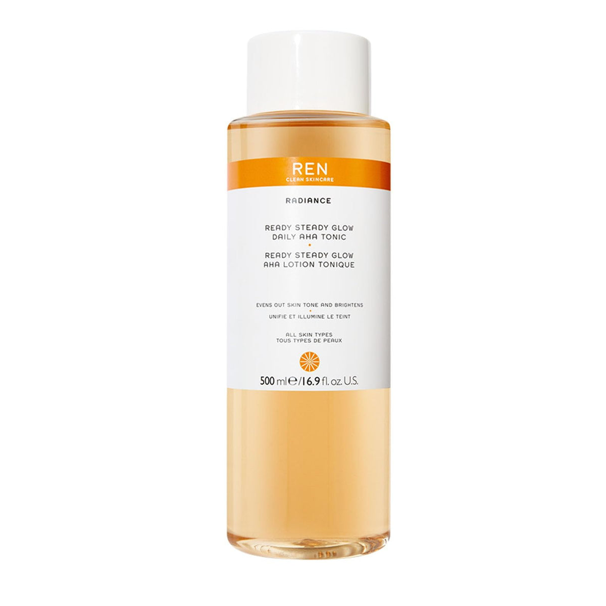 REN Ready Steady Glow Daily AHA Tonic, 500ml ? Brightening Exfoliating Toner with Lactic Acid and Salicin, Reduces Pores, Evens Skin Tone, and Boosts
