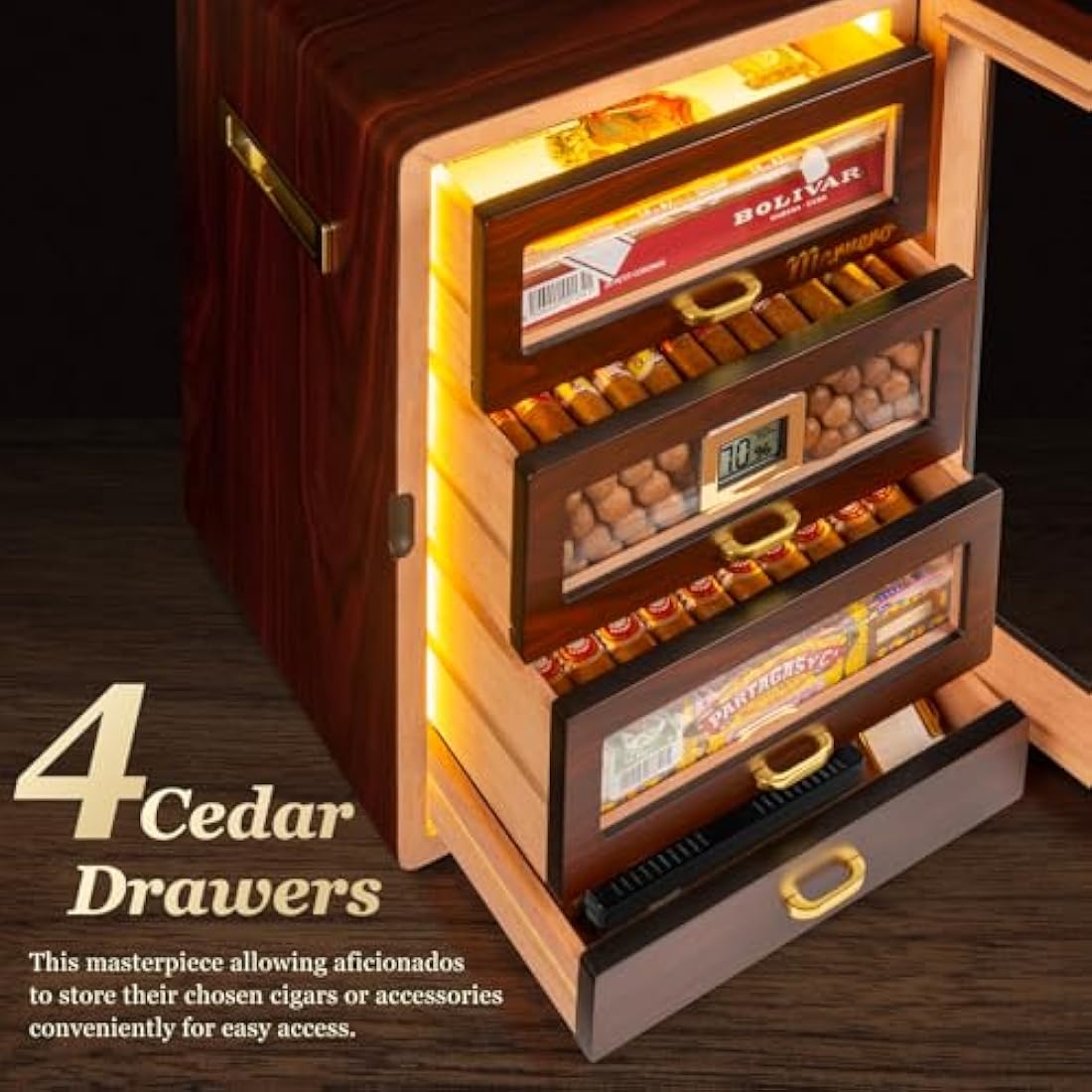 Desktop Humidor Cabinet Triple-Sided Light with Digital Hygrometer, Humidifier and Humidity Packs. 4 Ceder Wood Drawers, Humidor Box can Hold 200 Cigars. Present for Men