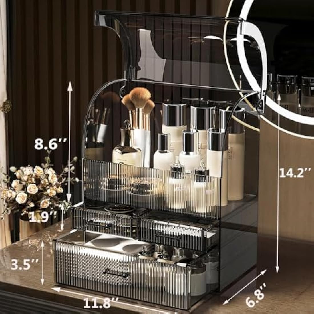 Suyoo Makeup Storage Organiser, XL Large Acrylic Cosmetics Organizer Skincare Display Case with Drawers and Waterproof Cover for Countertop, Bathroom, Dresser(Black-XL)